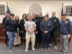 First Responders featured in the Town of Bedford's First Responder Video were at the 12/3 Town Board meeting to witness the video's launch. KFD members pictured include Second Assistant Chief John Cohen, First Assistant Chief John Whalen and Ex Chief James Arena III.